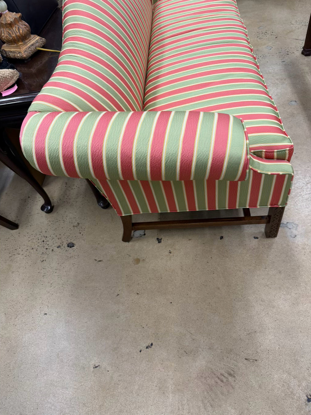 Salmon, Green & Yellow Striped Chippendale Sofa