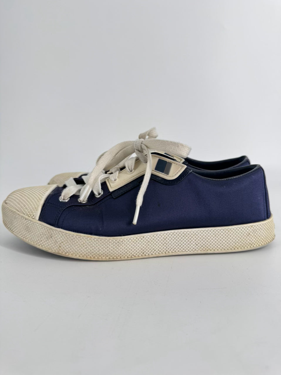 PRADA Size 38 Navy Satin Sneakers