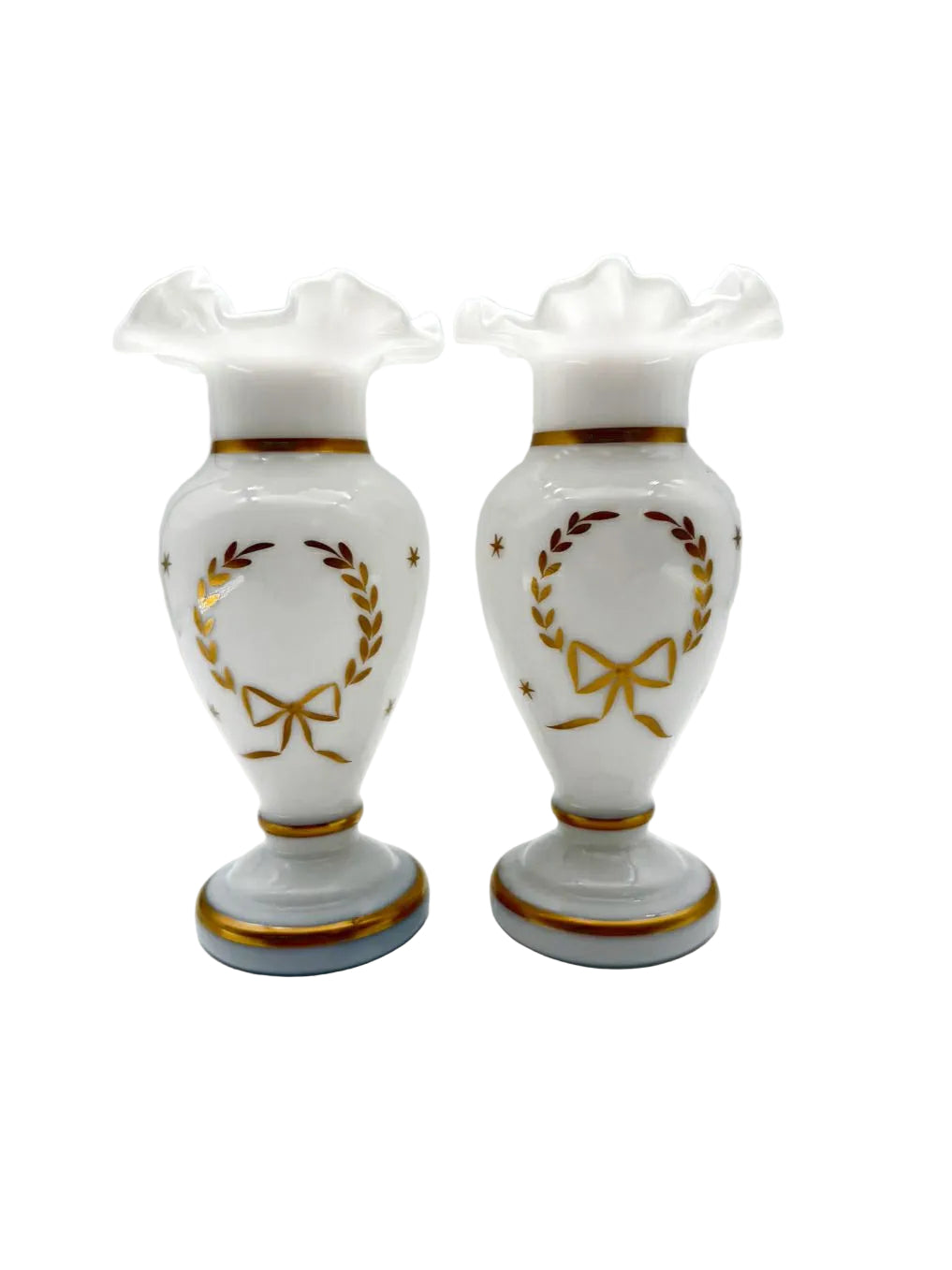 VINTAGE White Opaline Pair Of Vases w/ Ruffled Top & Gold Trim