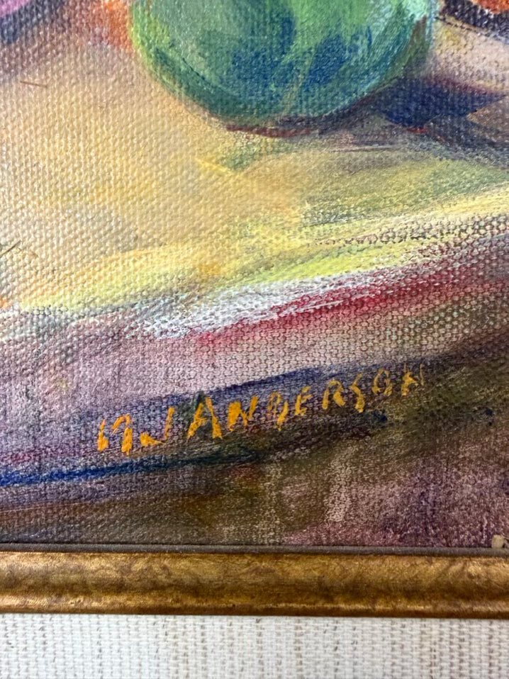 N J Anderson Still Life Stripe Scarf Painting In Brushed Gold Frame