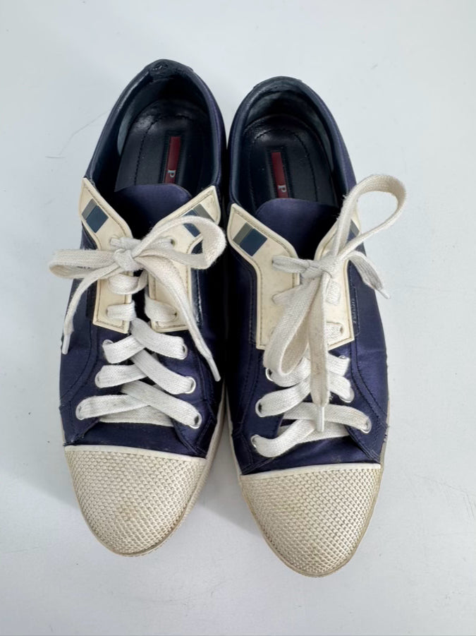 PRADA Size 38 Navy Satin Sneakers