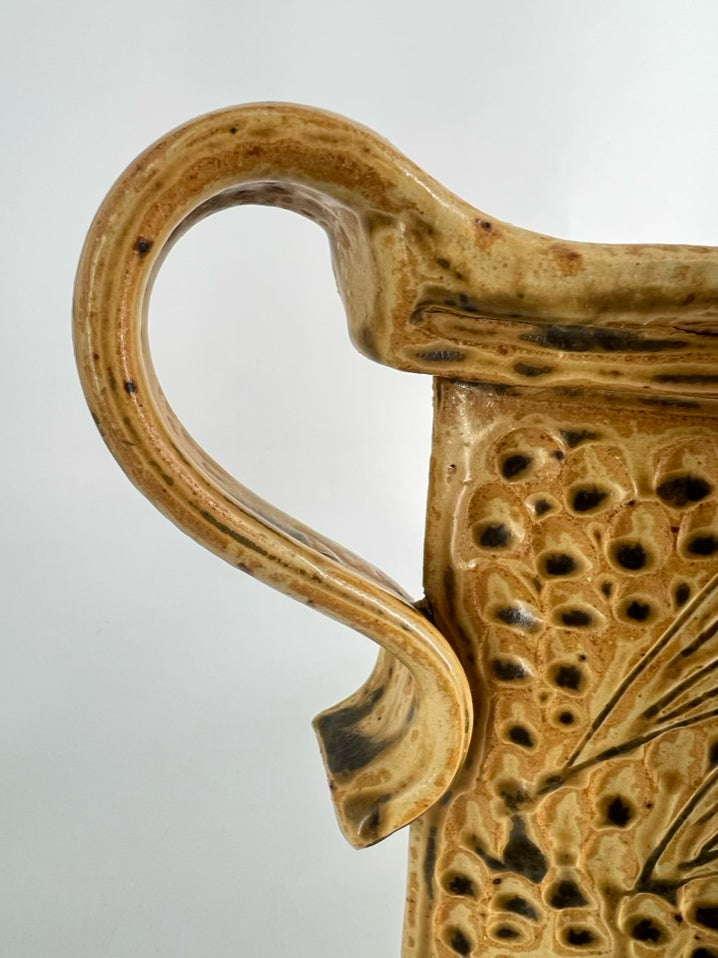 SIGNED Gold & Tan Pottery Vase w/Handles