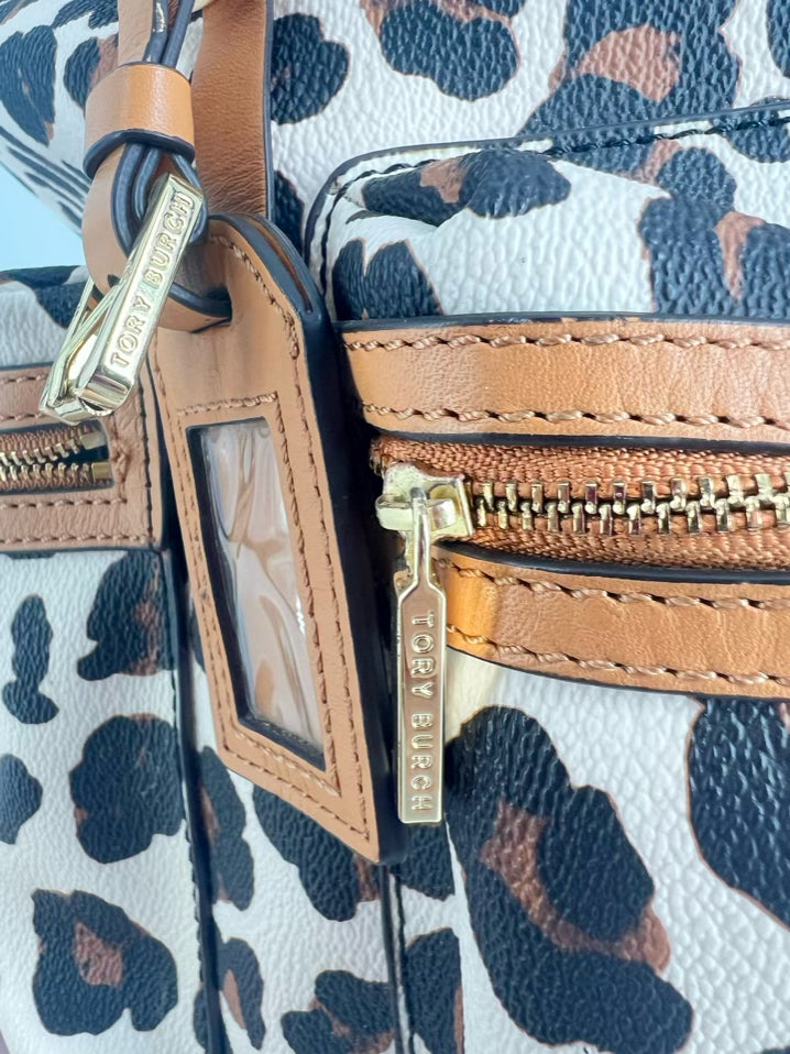 TORY BURCH White & Brown Animal Print Leather Backpack