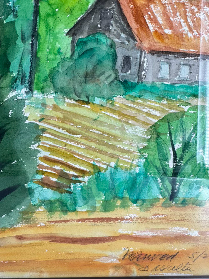 SIGNED Barn w/ Mountain View Watercolor in Burlwood Frame