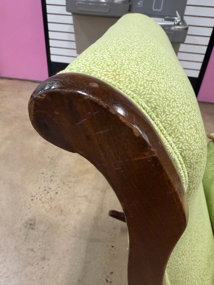 VINTAGE Wood Gooseneck Rocking Chair w/ Green Fabric & Pillow