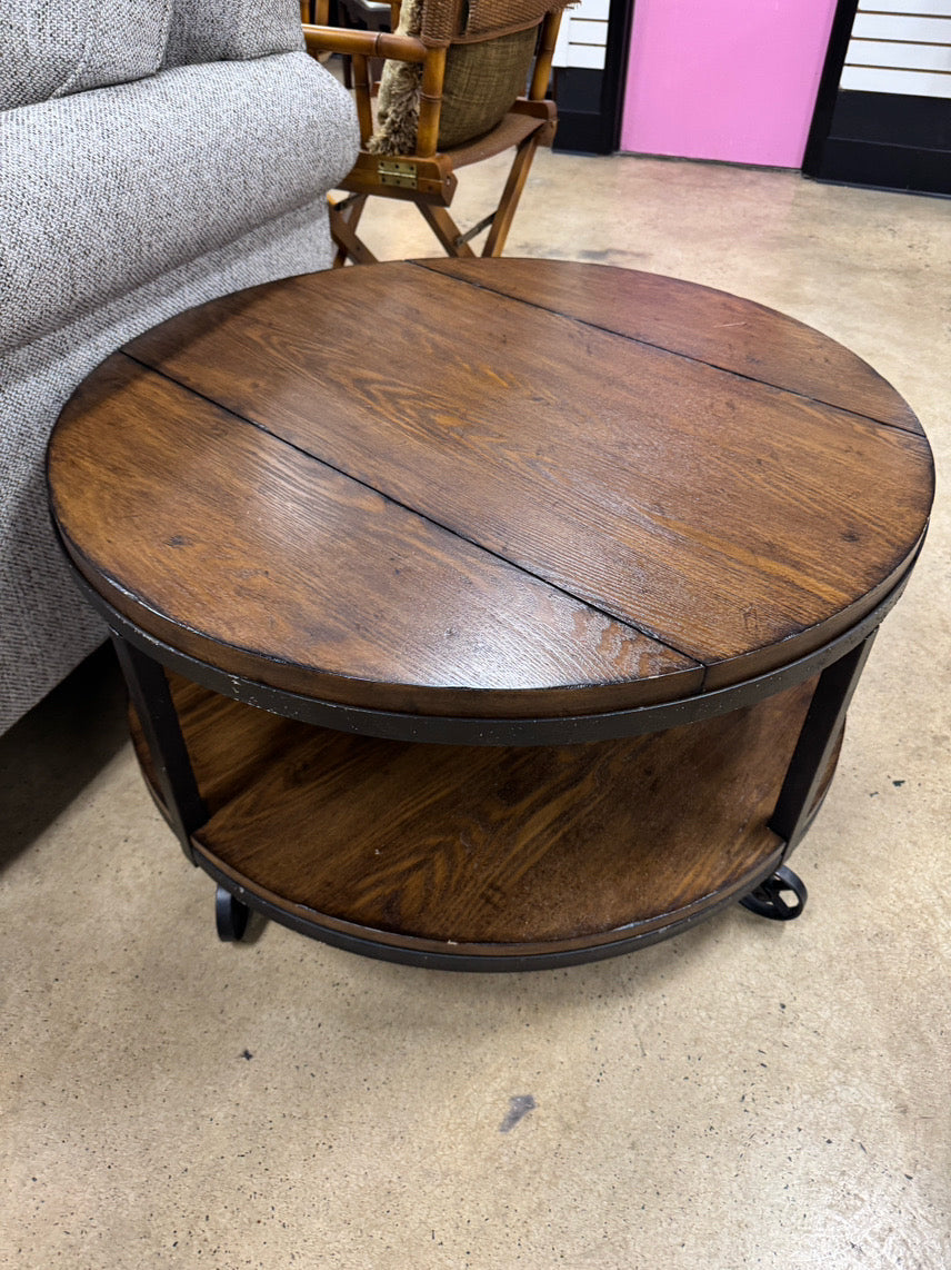 Wood & Metal Round Industrial Coffee Table on Wheels