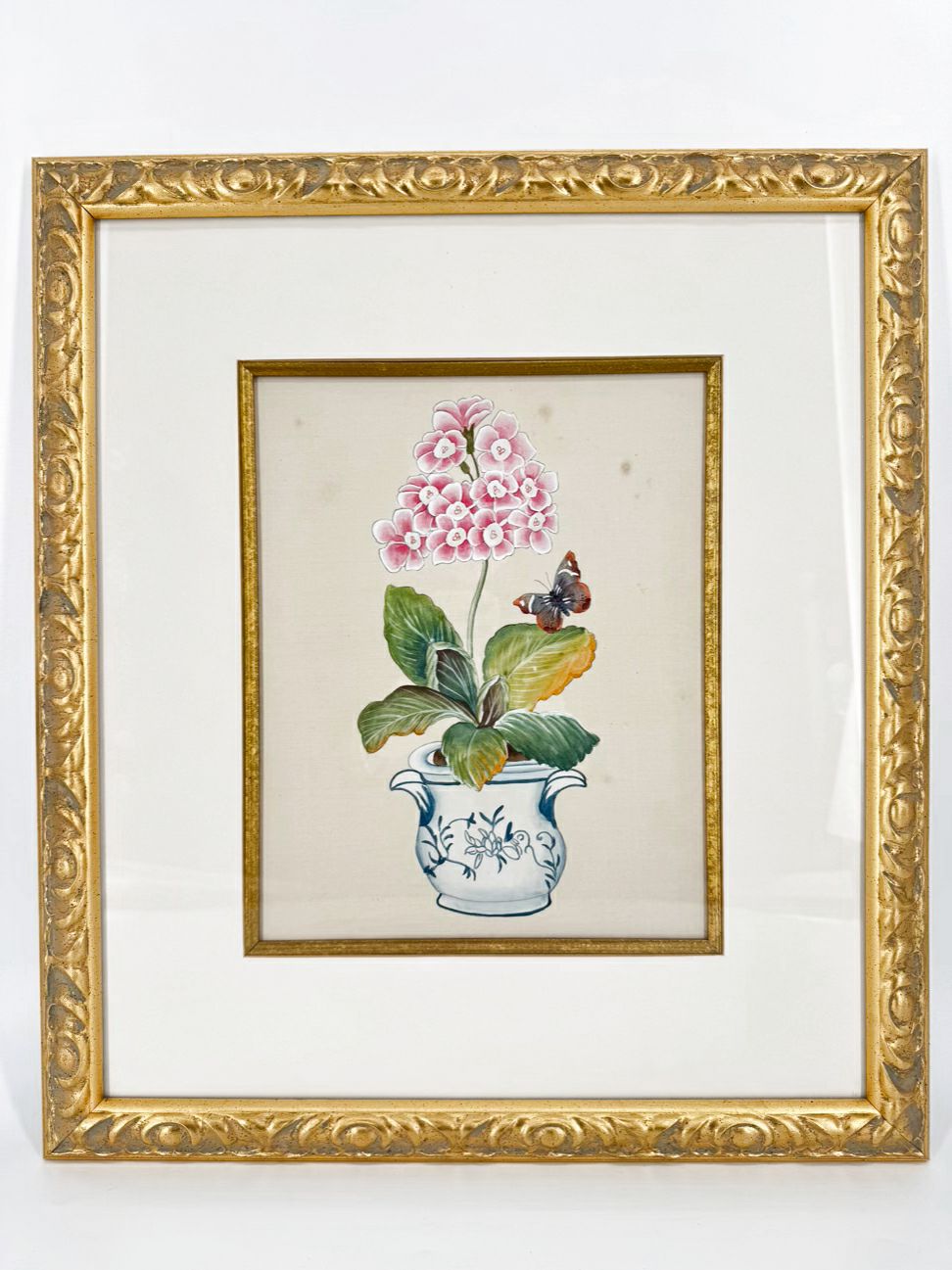 CHELSEA HOUSE Pink Flower w/ Butterfly Painting on Silk in Gold Frame
