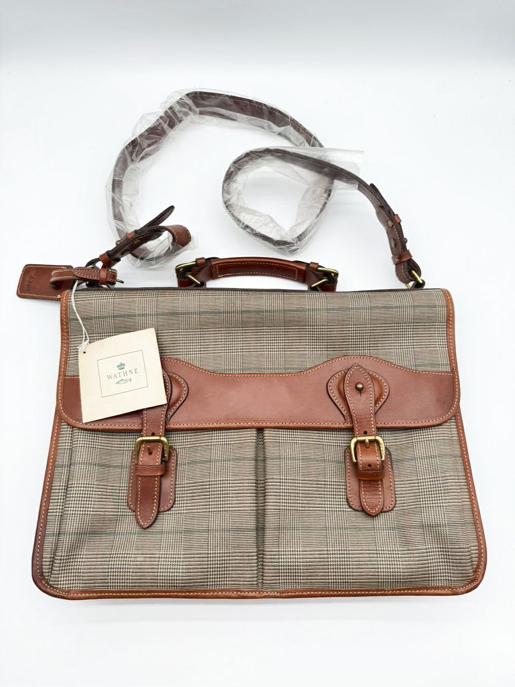WATHNE Beige Coated Canvas Plaid Briefcase