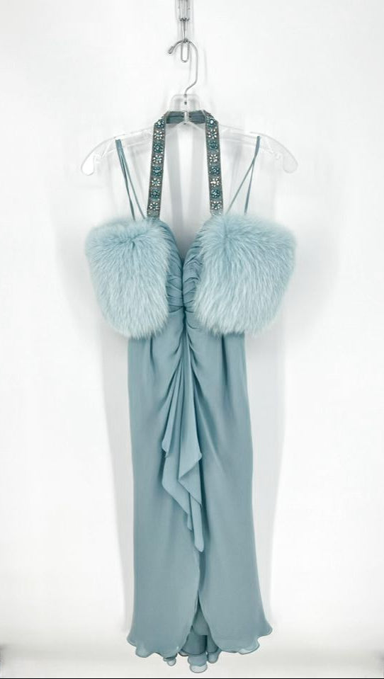 BELLVILLE SASSOON by LORCAN MULLANY Size 10 Ice Blue Fox Fur Silk Evening Gown