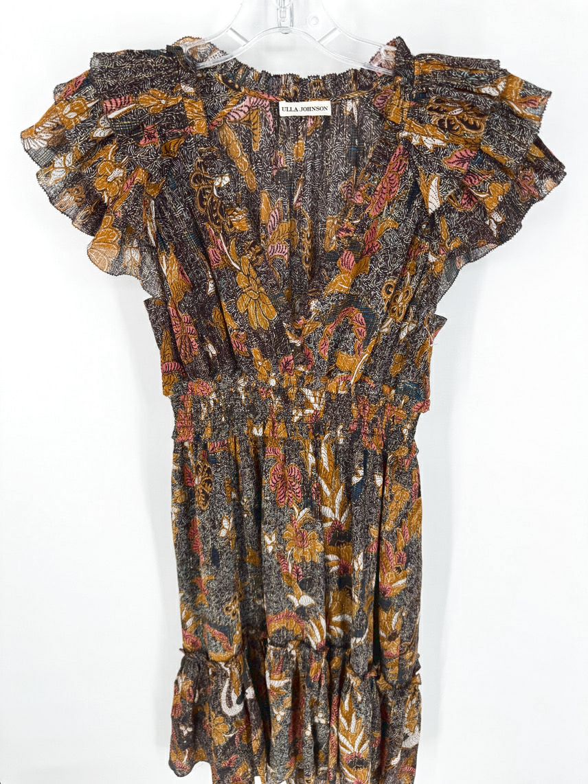 ULLA JOHNSON Size 4 Brown & Gold Floral Dress