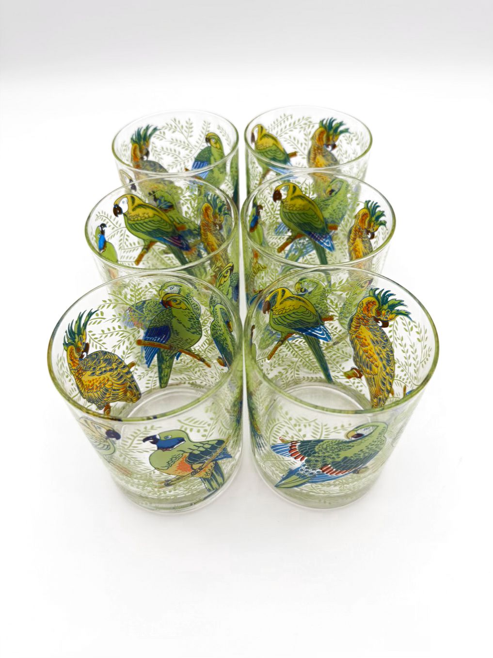 VINTAGE NEIMAN MARCUS Clear, Green & Yellow Set of 6 Tropical Parrot Glasses
