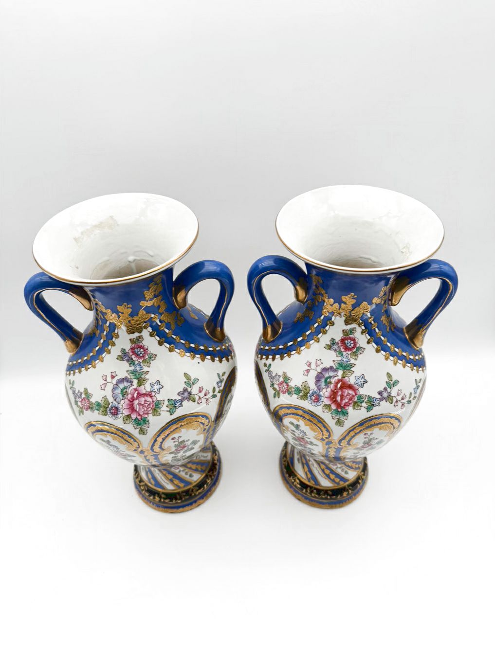 Blue, White, Pink & Green Amphora Floral Porcelain Pair Of Vases w/ Handles