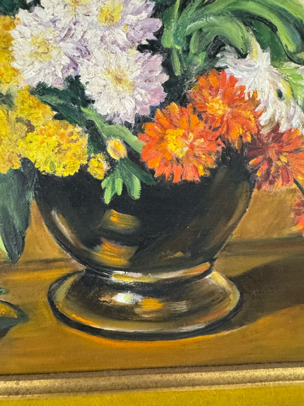 S. JOHNSON Orange & Purple Flowers in Vase Painting in Gold Frame
