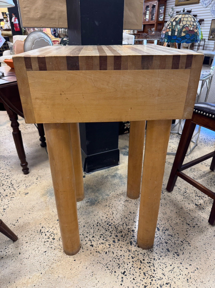 Natural Wood Square Butcher Block w/ Metal Studs on Rounded Legs