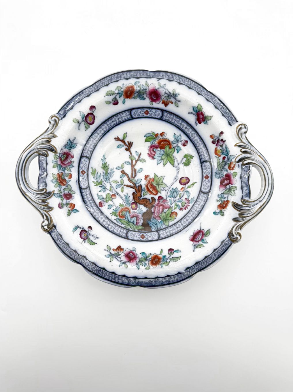 Blue, White & Pink Porcelain Floral Decorative Footed Plate