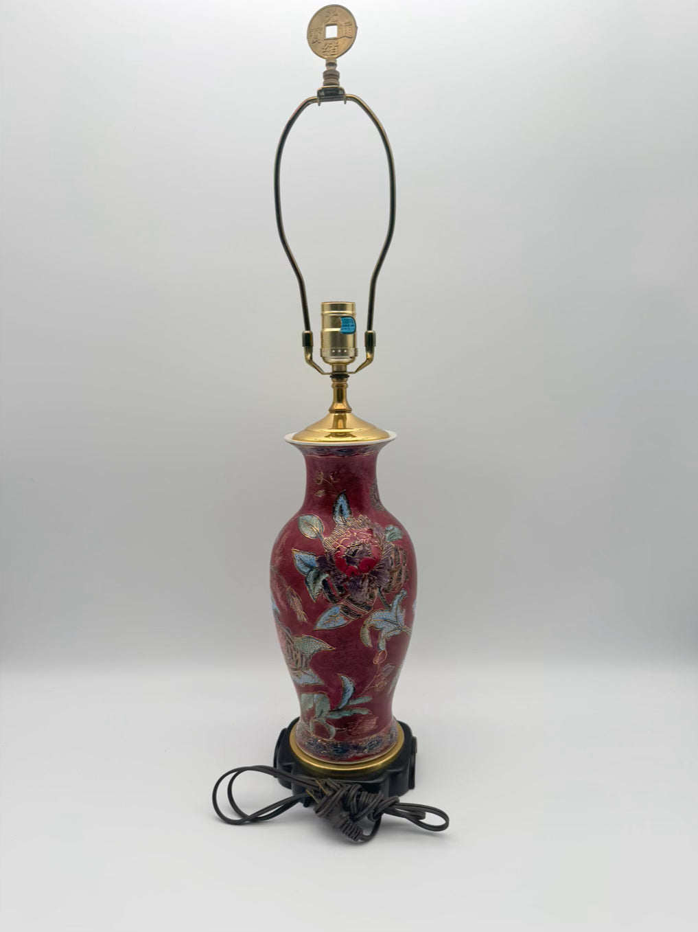 Burgundy & Blue Porcelain Jar Asian Inspired Lamp On Brown Wooden Base