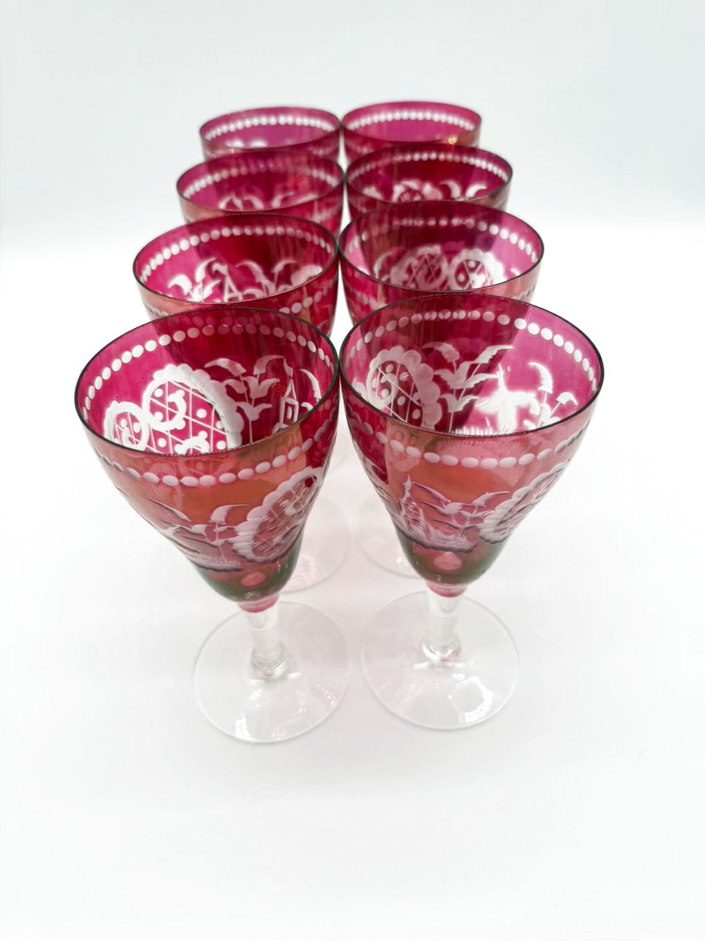 BOHEMIAN Red & Frosted Glass Set Of 8 Footed Glasses