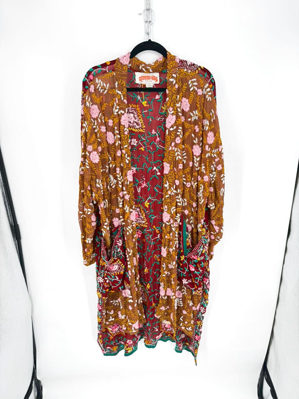 KANTHA BAE Size Wmn's Free Size Brown&Burgundy Embroidered Floral Duster