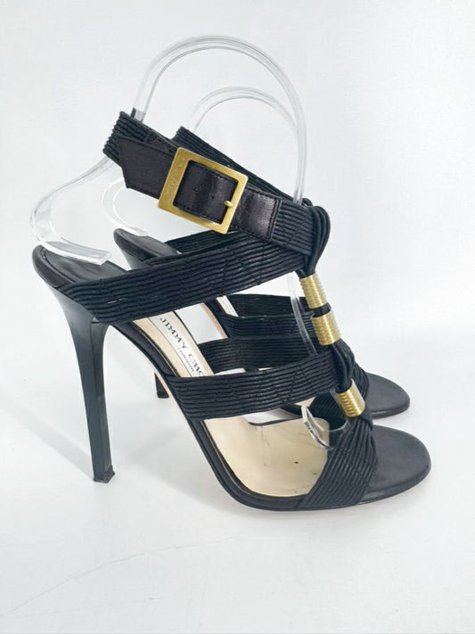 JIMMY CHOO Size 37.5 Black & Gold Leather Strappy Pumps