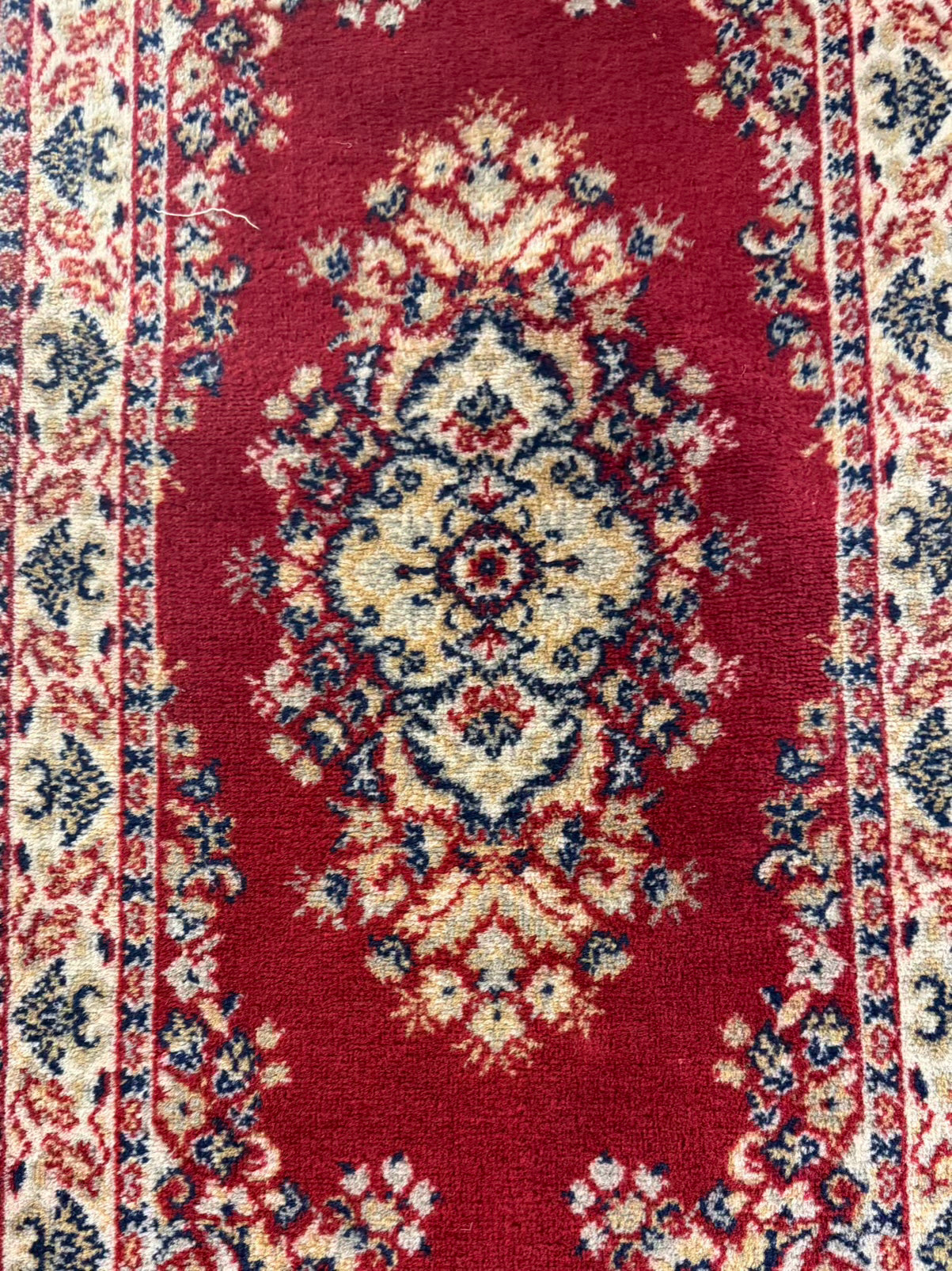 Oriental Red, Cream & Blue Area Rug w/ Fringe