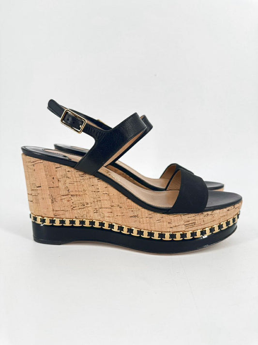 SALVATORE FERRAGAMO Size 8.5 Black Leather & Cork Wedges