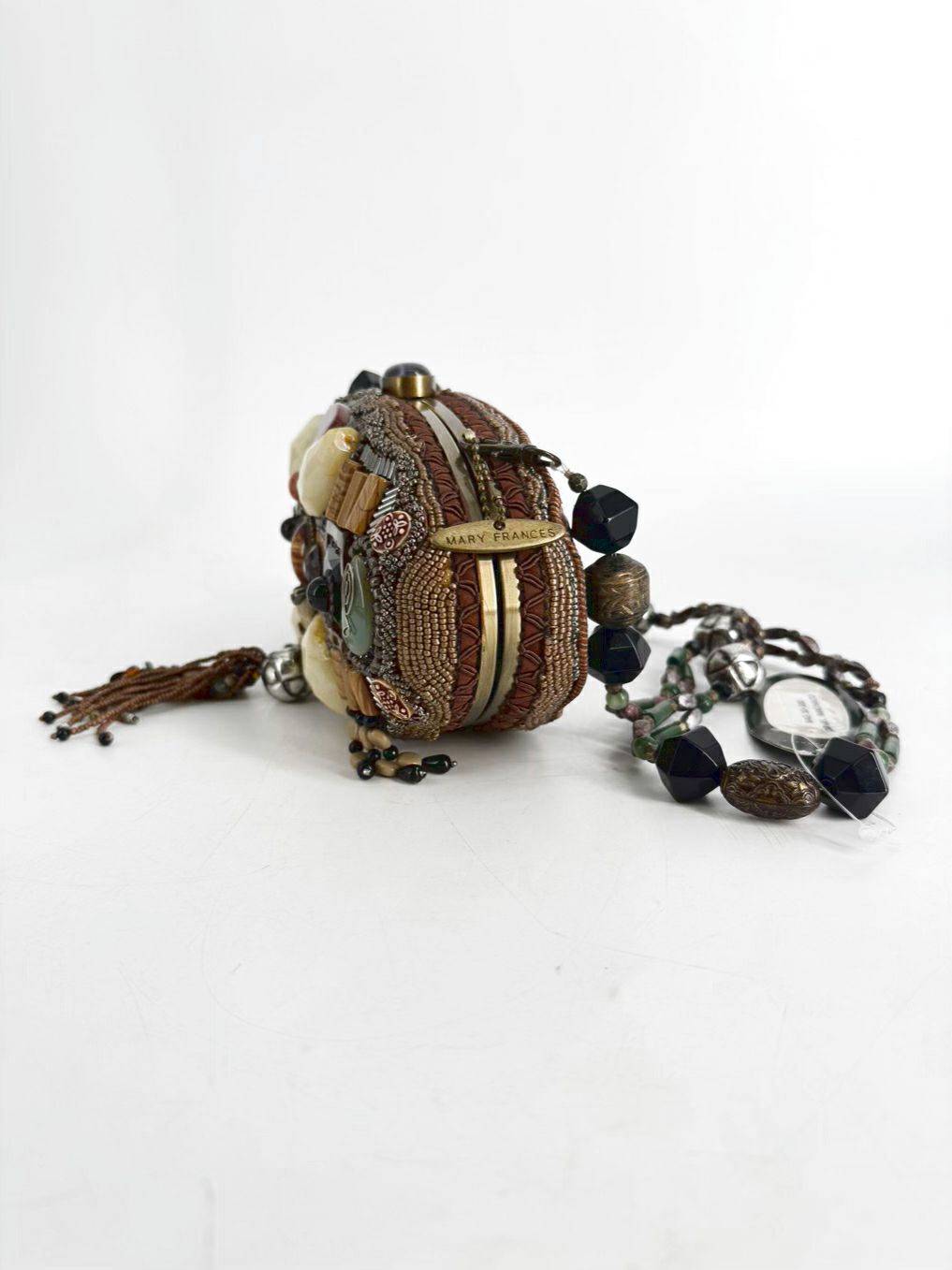 MARY FRANCES Beaded Tan, Brown & Teal Carmel Macchiato Gemstone Purse NWT