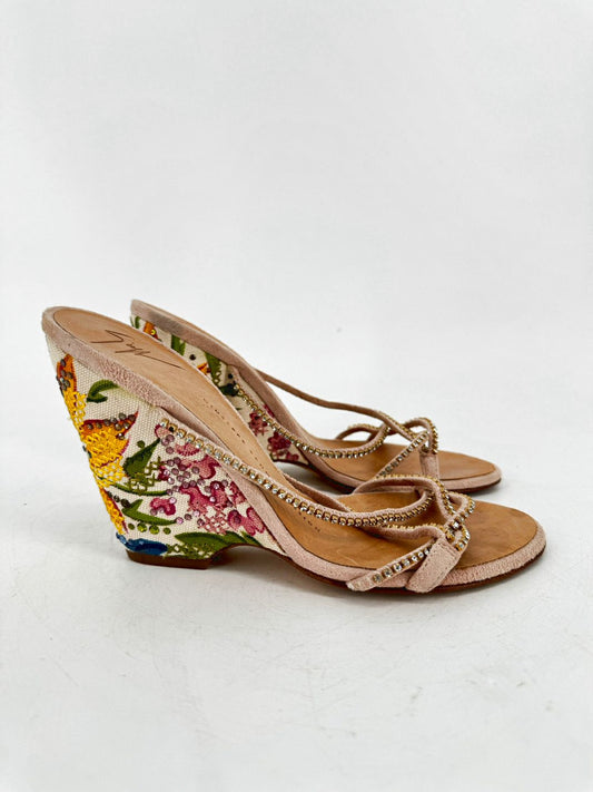 GIUSEPPE ZANOTTI Size 35 Natural Floral Embroidered Wedge Sandals