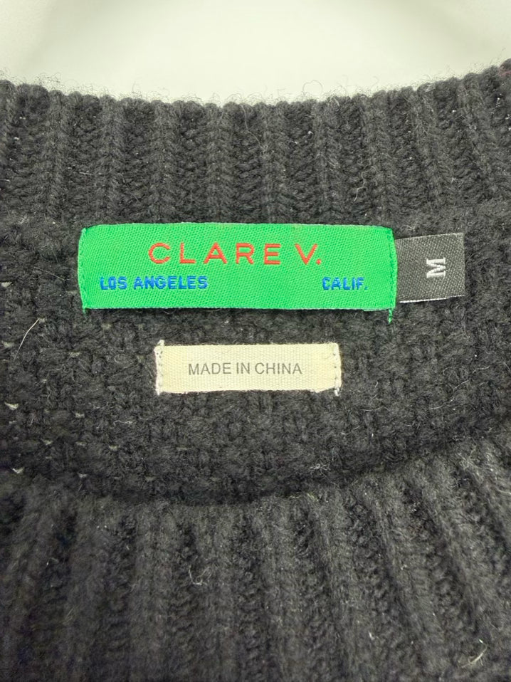 CLARE V. Wmn's Size M Black Wool Pom Pom Sweater