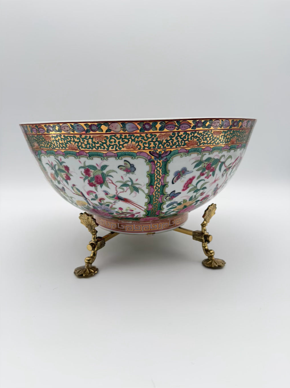 Rose Medallion Porcelain Large Bowl w/ Brass Bowl Holder