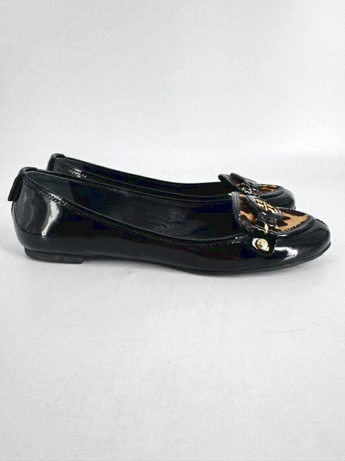 TORY BURCH Size 8 Black Leather Leopard Print Animal Hair Flats