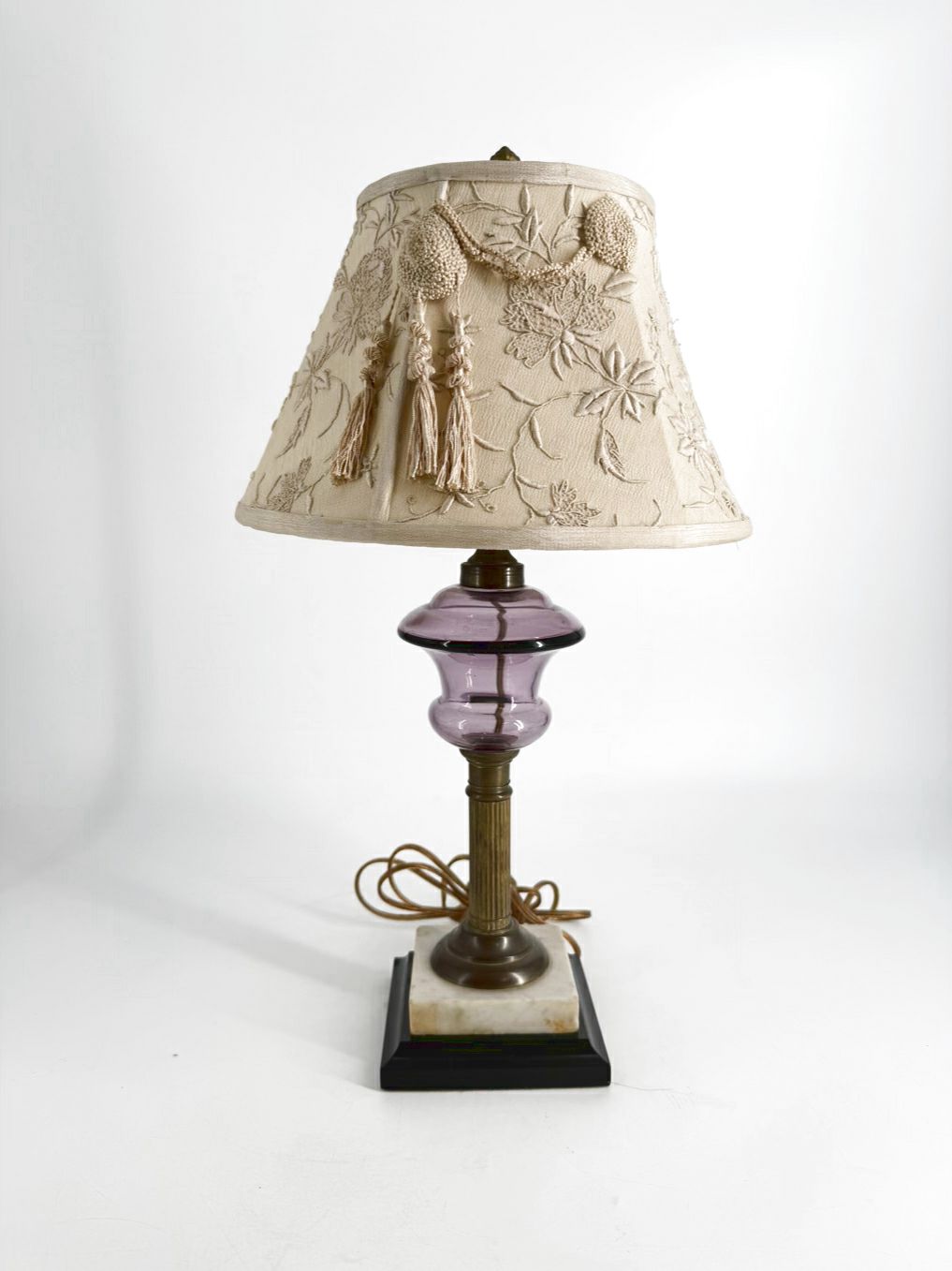 ANTIQUE Purple Glass, Brass, & Marble Lamp w/ Needlework Shade