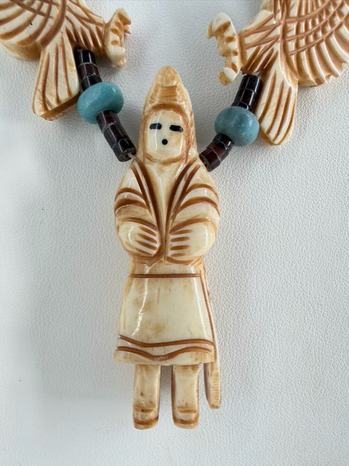 NATIVE AMERICAN White Bone & Turquoise Eagle Necklace