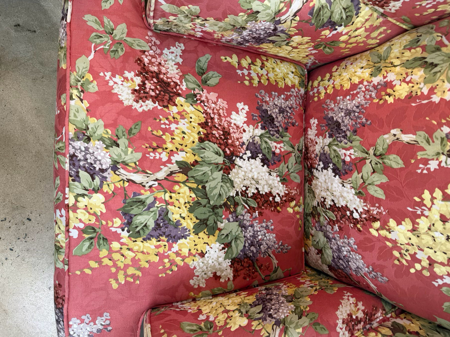 Salmon, Green & Yellow Floral Wing Back Chair