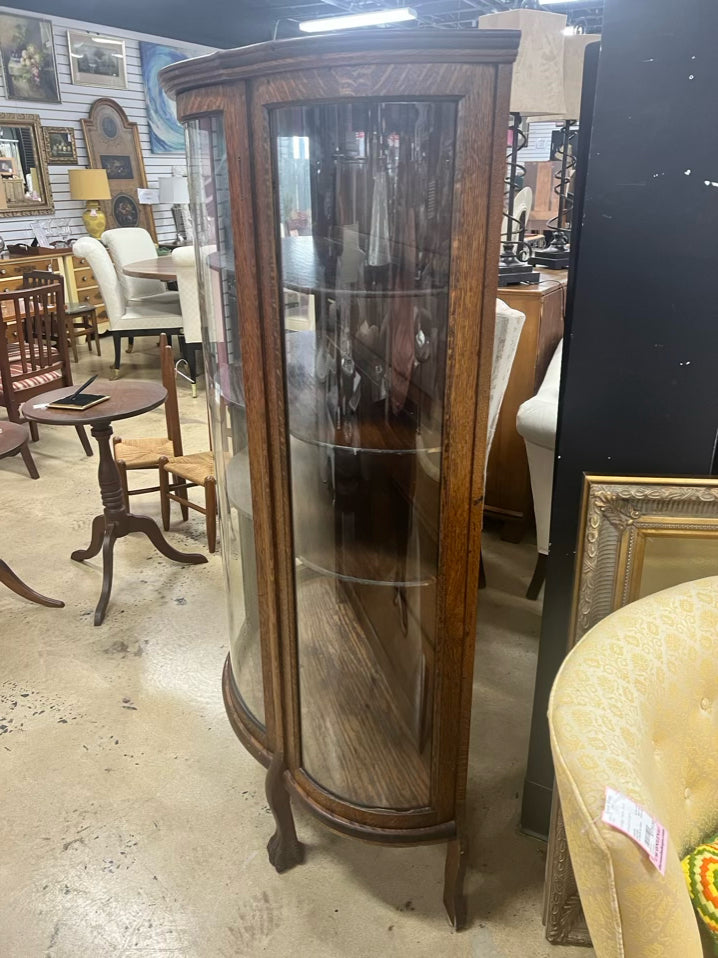 Dark Tiger Oak Bow Front China Cabinet w/ Shelves