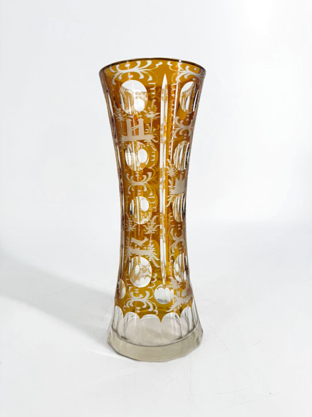 BOHEMIAN Amber & Clear Crystal Woodland Design Vase