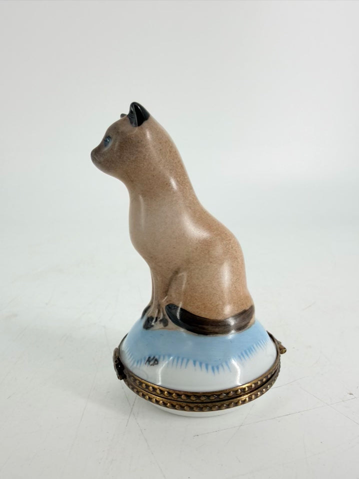 Limoges Blue & White Porcelain Siamese Cat Trinket Box