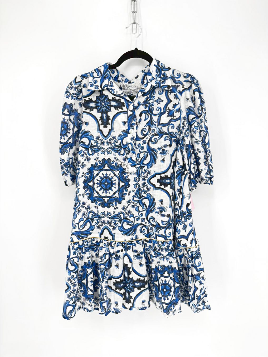 LUISA POSITANO Size M Blue & White Linen Dress w/ Belt