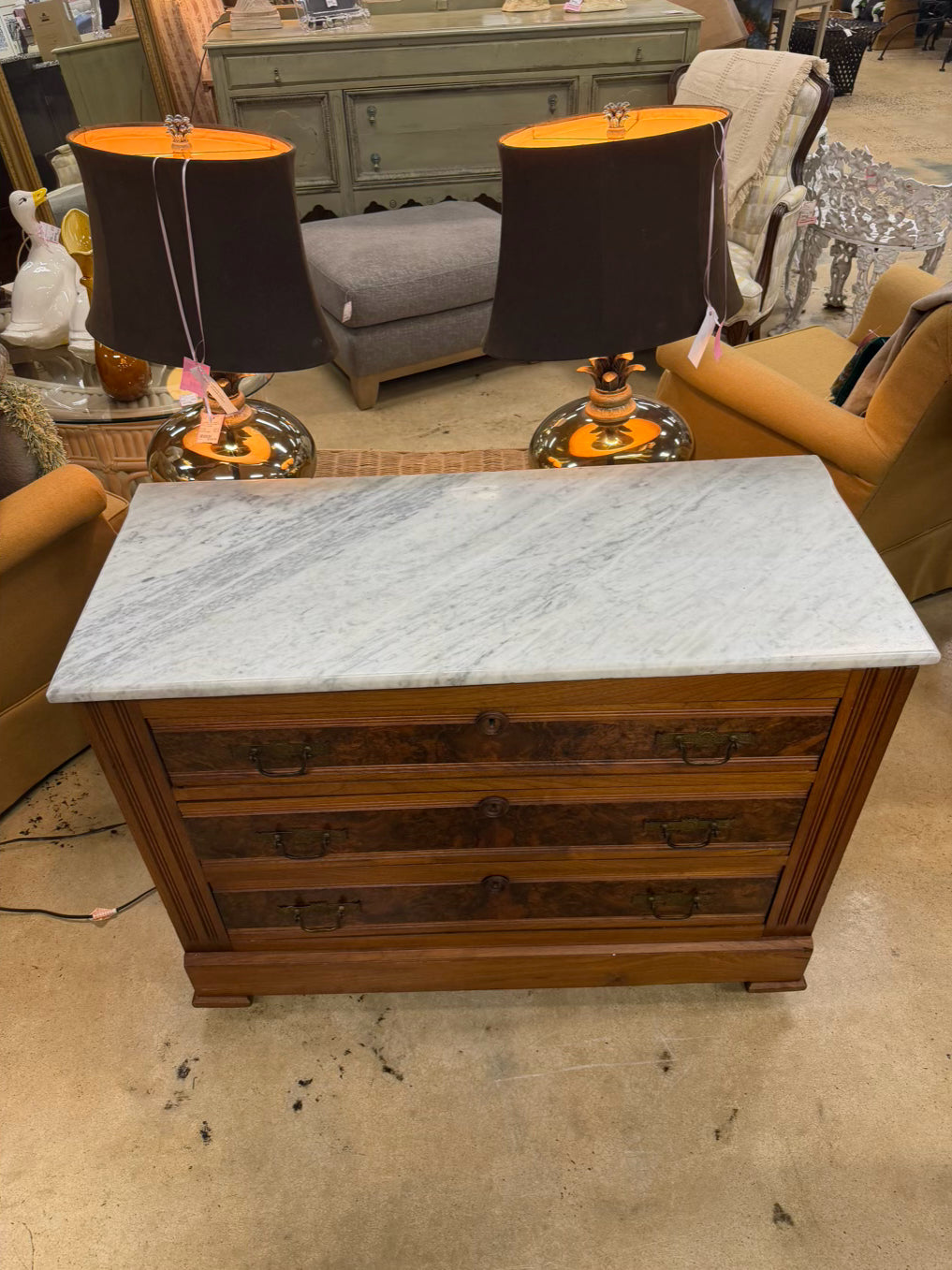 ANTIQUE Dark Wood & Marble 3 Drawer Chest