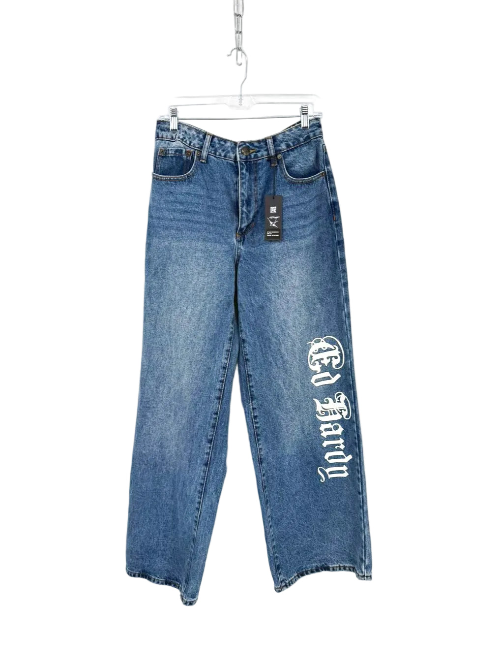 ED HARDY Size Wmn's 30 Born Free Loose Fit Wide Leg Blue Denim Print Jeans NWT