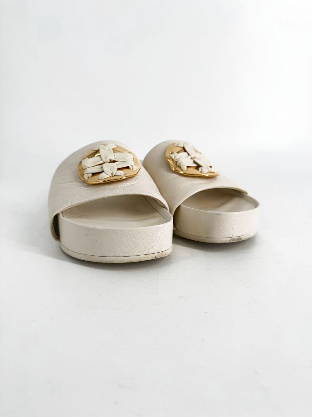 TORY BURCH Size 9.5 Cream & Gold Leather Platforms