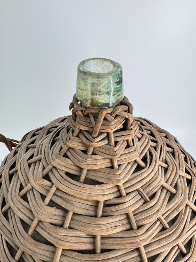 VINTAGE Brown & Green Wicker & Glass Wine Bottle Woven Carrier