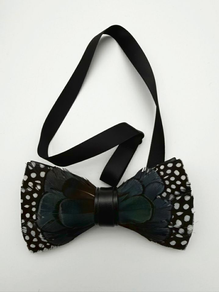 BRACKISH Teal & Black Natural Feather Bowtie w/ Lapel Pin