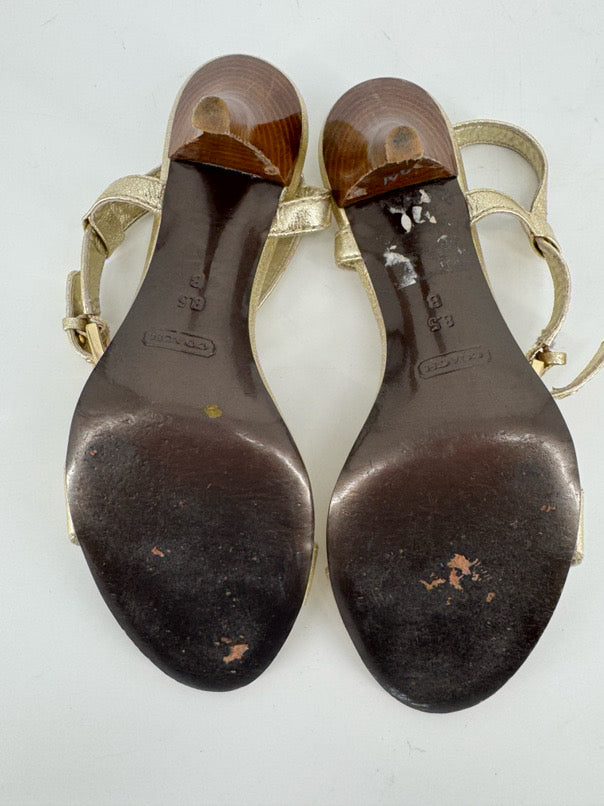 COACH Size 8.5 Gold Leather Chain & Coins Detail Heels