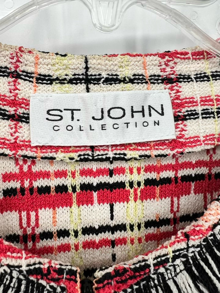 ST JOHN Size L Coral & Black Knit Fringe Jacket