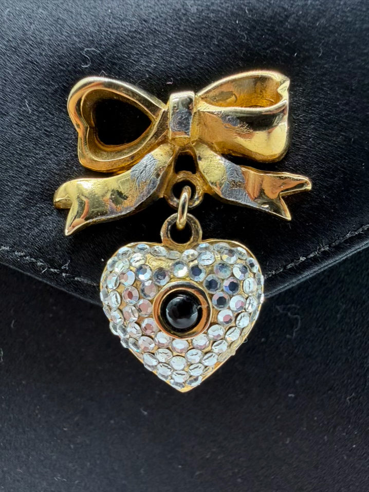 JUDITH LEIBER Black Satin Evening Bag w/ Gold Tone Heart Clasp