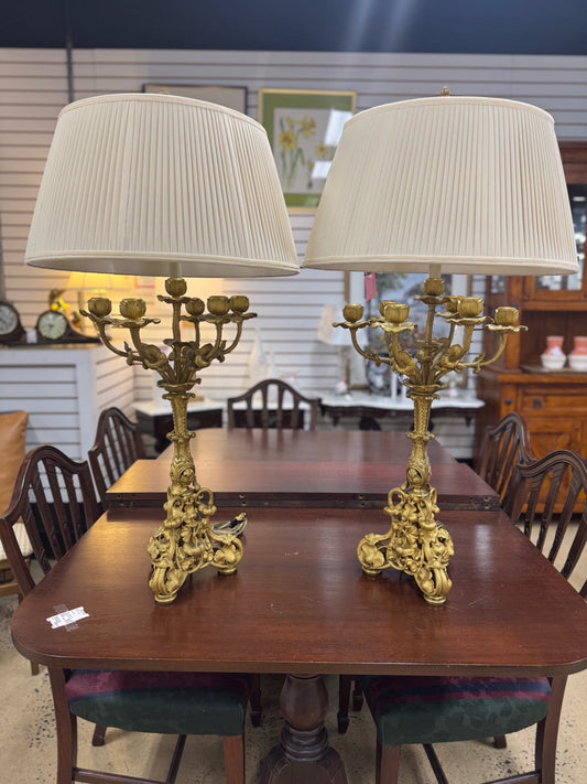 Gold Metal Neoclassical Floral 6-Arm Design Pair of Lamps