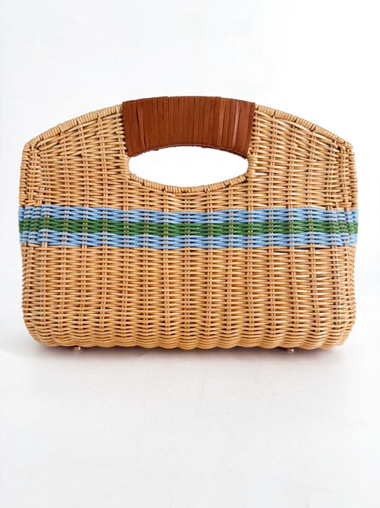 J MCLAUGHLIN Natural & Blue Straw Stripe Clutch Bag