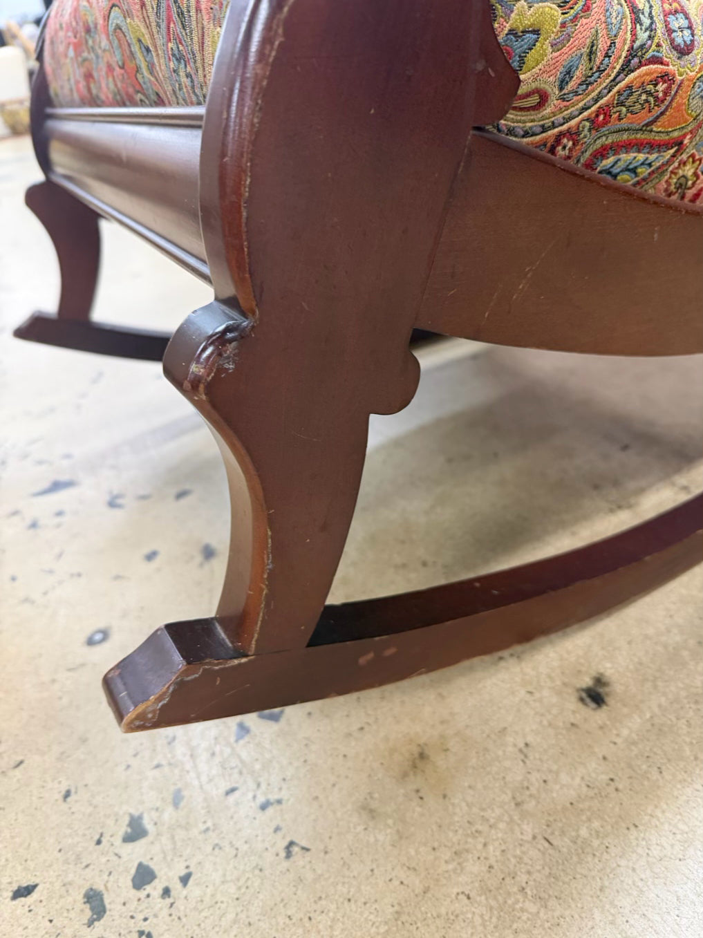 Orange, Blue & Red Paisley Fabric Gooseneck Rocking Chair