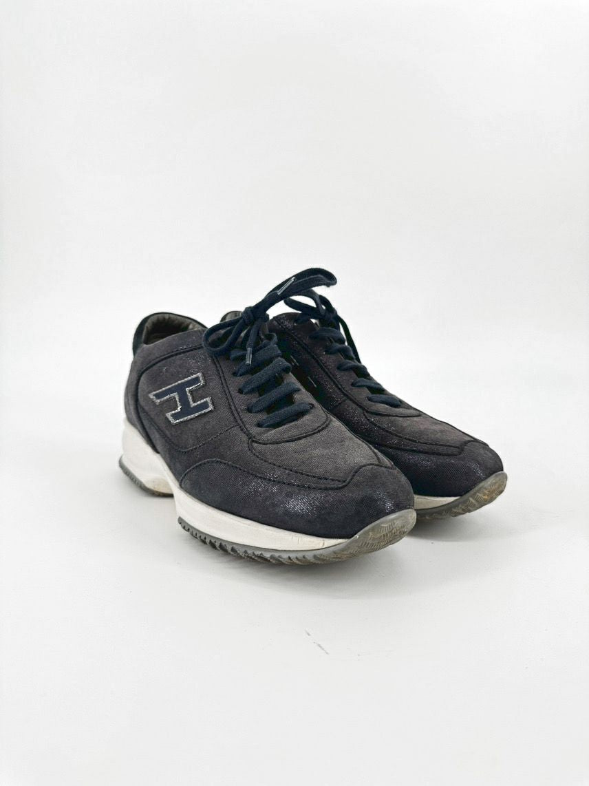 HOGAN Size 37.5 Steel Blue Shimmer Leather Sneakers