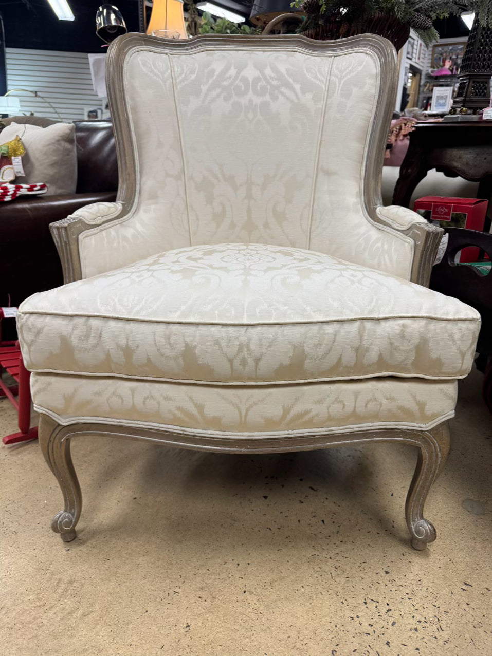ETHAN ALLEN White Wash Wood & Cream Upholstered French Chair